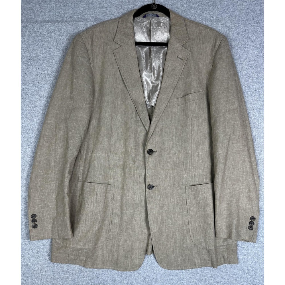Alan Flusser Blazer Large Beige Linen Rayon Two Button Sport Jacket Unstructured